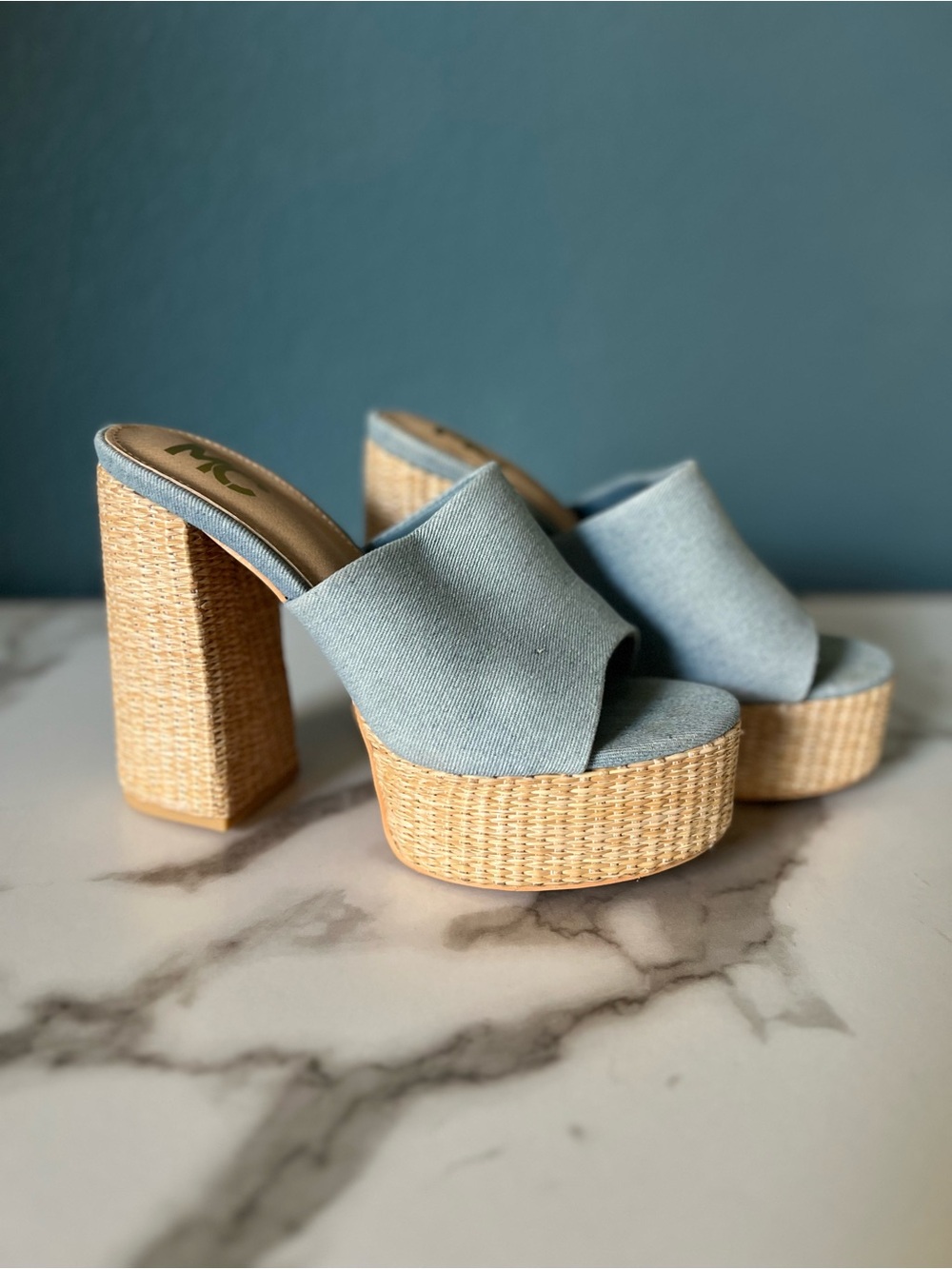 Light Blue Denim Woven Platform Mule Heels - Women's Chunky Slide block Sandals
